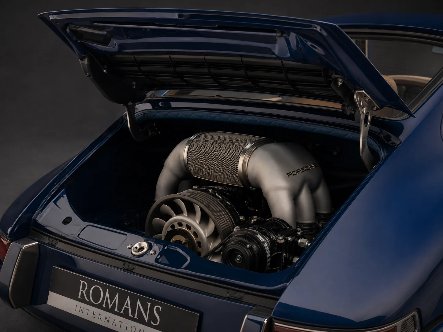 The four-litre air-cooled flat-six, engine bay open from above